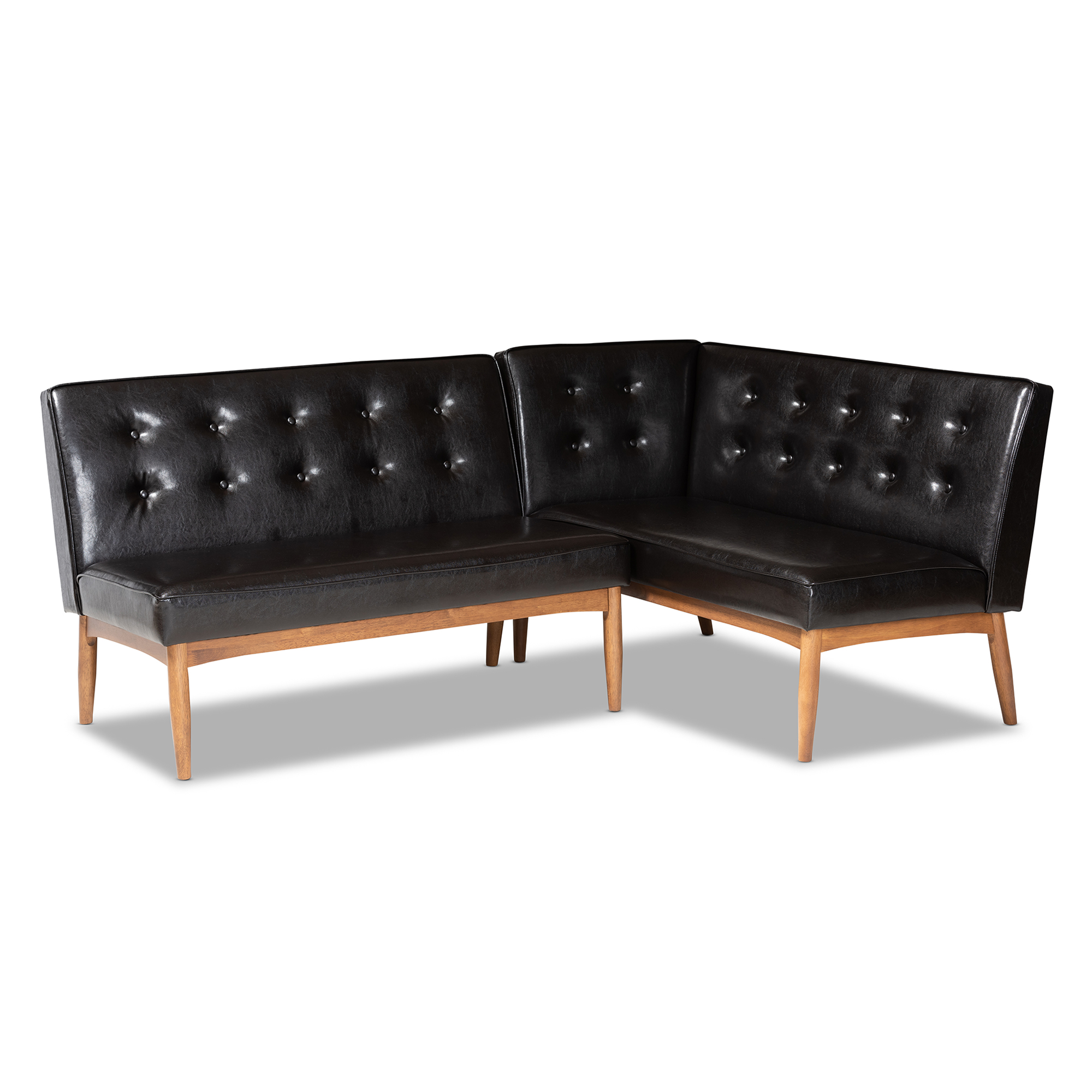Baxton Studio Arvid Mid-Century Modern Dark Brown Faux Leather Upholstered 2-Piece Wood Dining Corner Sofa Bench